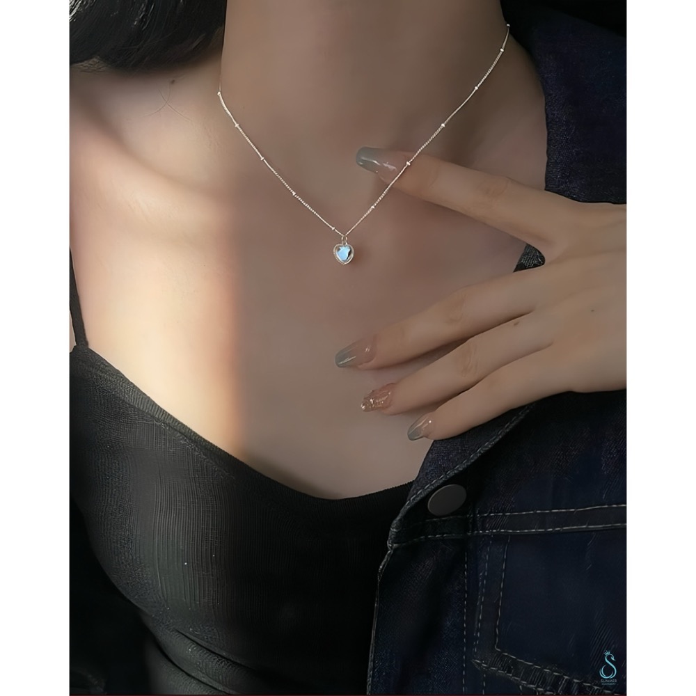 SUMMER韓 銀飾💫［925純銀］炫彩月光石愛心項鏈 純銀項鍊 純銀飾品-細節圖7