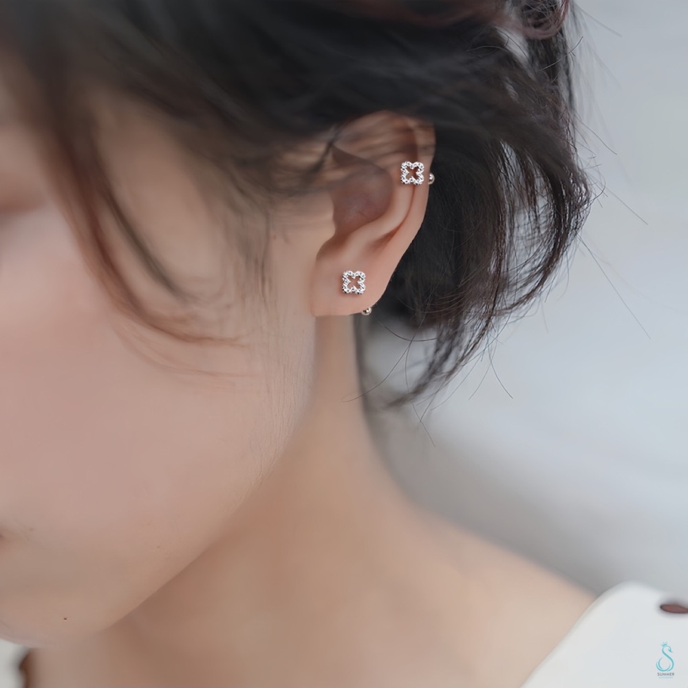 SUMMER 銀飾💫［925純銀］鑲鑽幸運草轉珠耳環 鎖珠式耳環 純銀耳環 純銀飾品-細節圖2