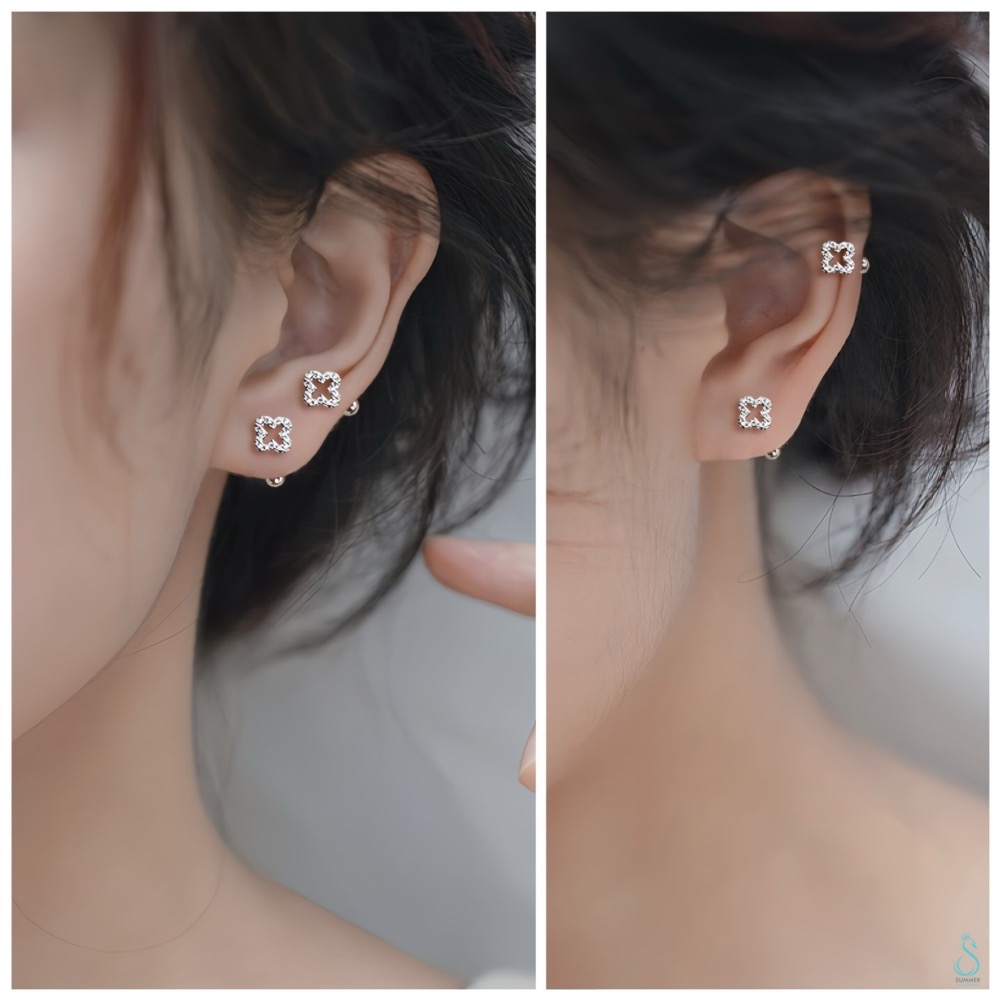 SUMMER 銀飾💫［925純銀］鑲鑽幸運草轉珠耳環 鎖珠式耳環 純銀耳環 純銀飾品-細節圖3