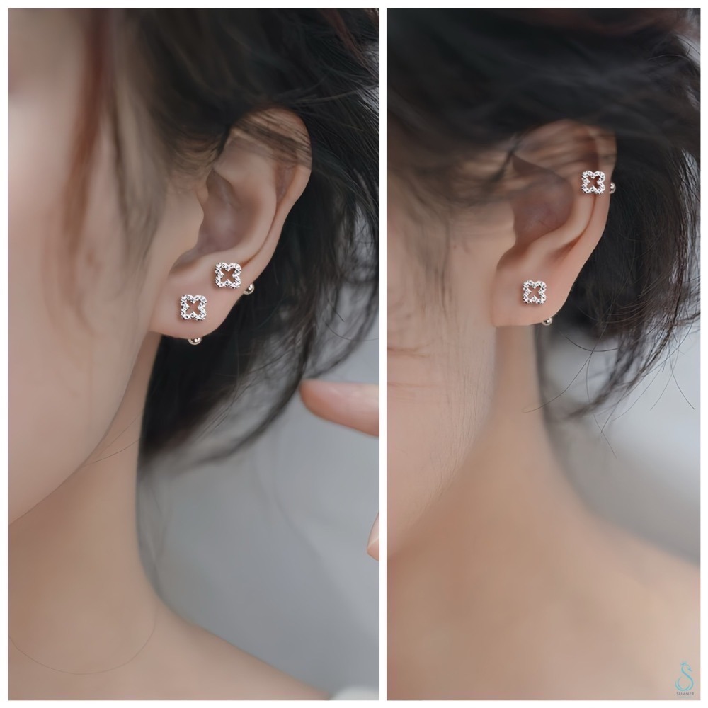 SUMMER 銀飾💫［925純銀］鑲鑽幸運草轉珠耳環 鎖珠式耳環 純銀耳環 純銀飾品-細節圖3