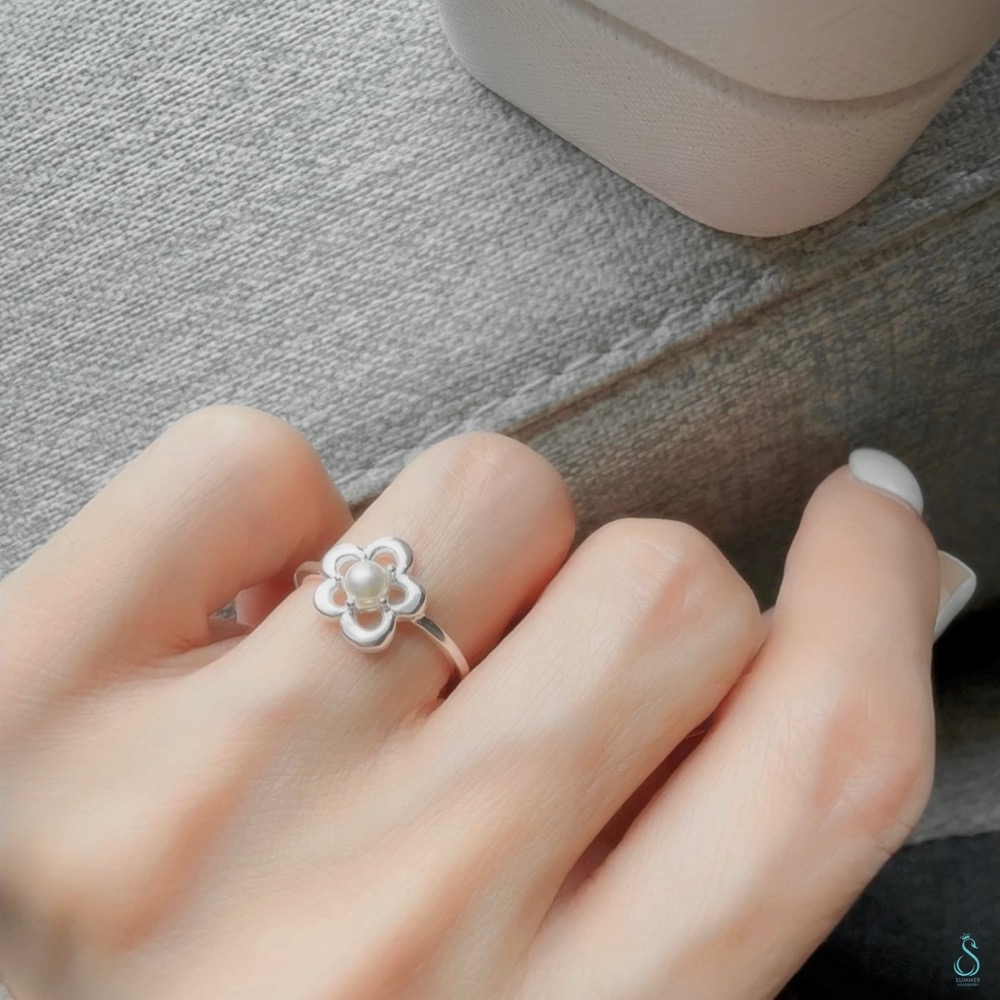 SUMMER 銀飾💫［925純銀］寓意「美好」 <花漾珍珠戒> 可調尾戒 純銀戒指 純銀尾戒 純銀飾品-細節圖5