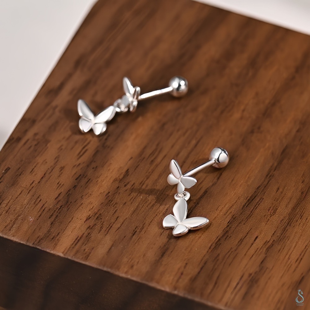 SUMMER 銀飾💫［999足銀］<蝶影耳畔> 鎖珠式耳環 雙蝴蝶造型耳環 轉珠耳環 甜美優雅 純銀耳環 純銀飾品-細節圖6