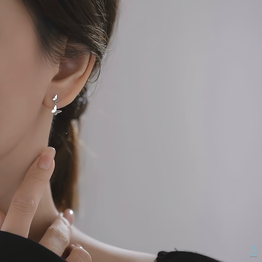 SUMMER 銀飾💫［999足銀］<蝶影耳畔> 鎖珠式耳環 雙蝴蝶造型耳環 轉珠耳環 甜美優雅 純銀耳環 純銀飾品-細節圖7