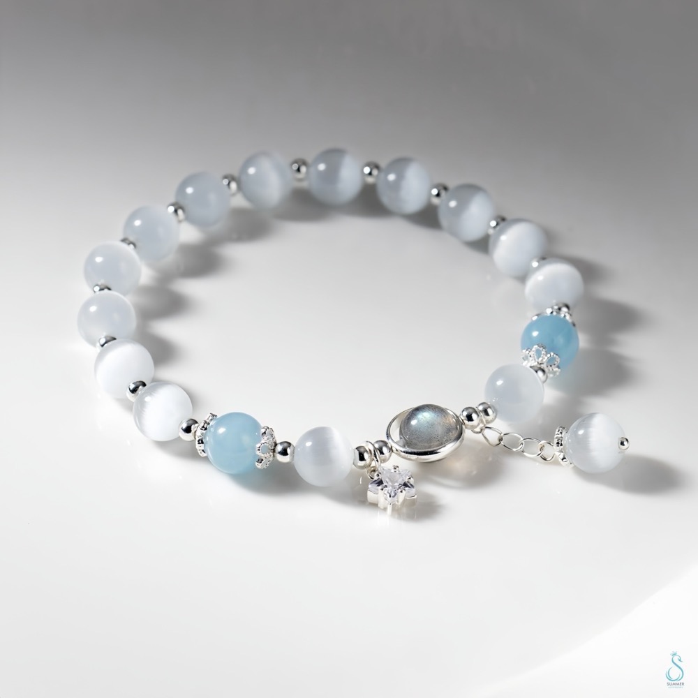 SUMMER 銀飾💫［925純銀］<海洋之星> 月光海藍寶手鏈 純銀手鏈  晶石手鏈 純銀飾品-細節圖2
