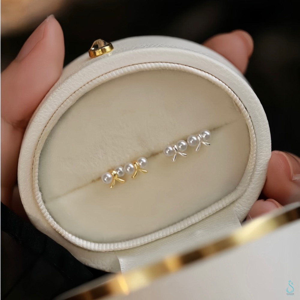 SUMMER韓 銀飾💫［925純銀］<悄悄心動>韓系蝴蝶結珍珠耳環 純銀耳環 純銀飾品-細節圖2