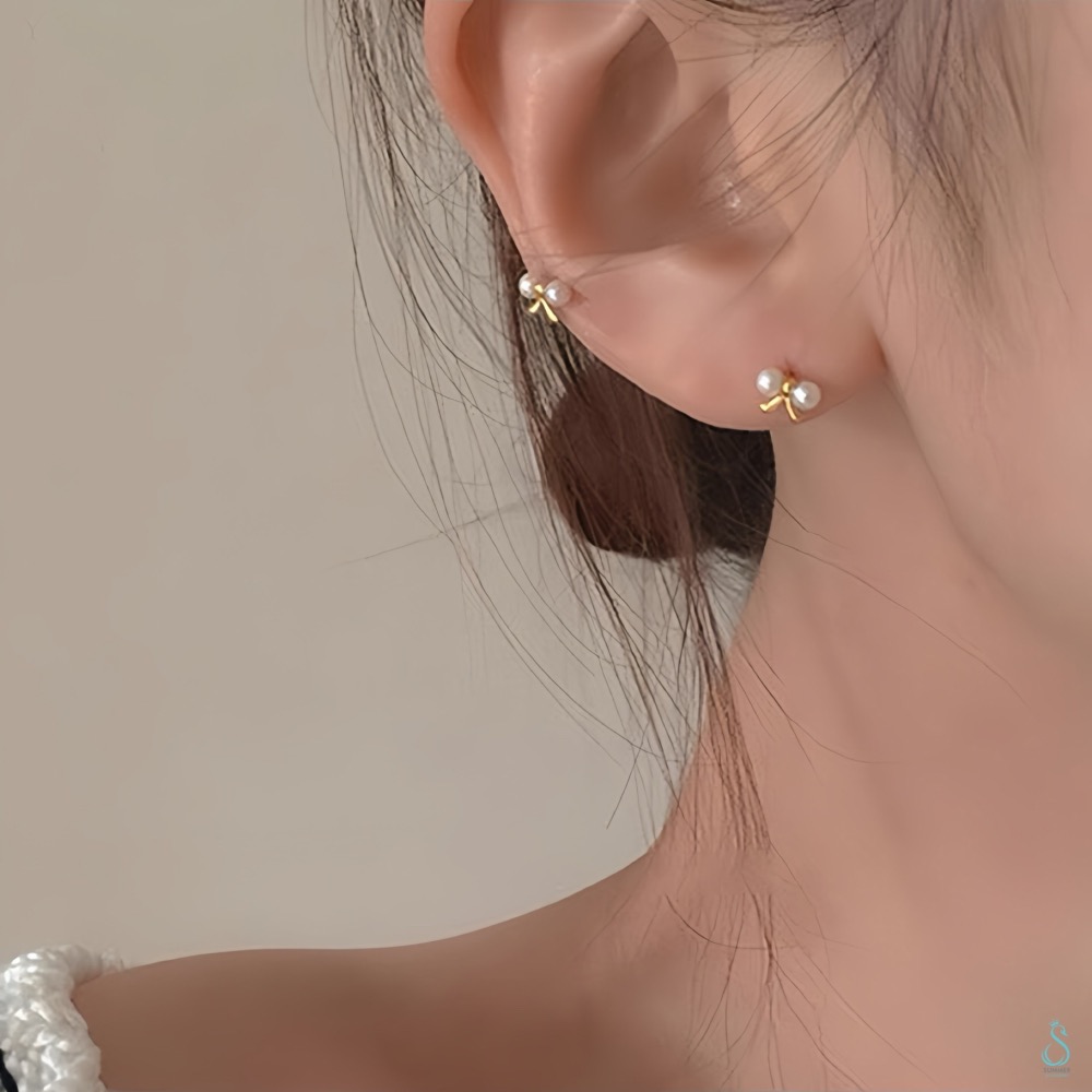 SUMMER韓 銀飾💫［925純銀］<悄悄心動>韓系蝴蝶結珍珠耳環 純銀耳環 純銀飾品-細節圖3