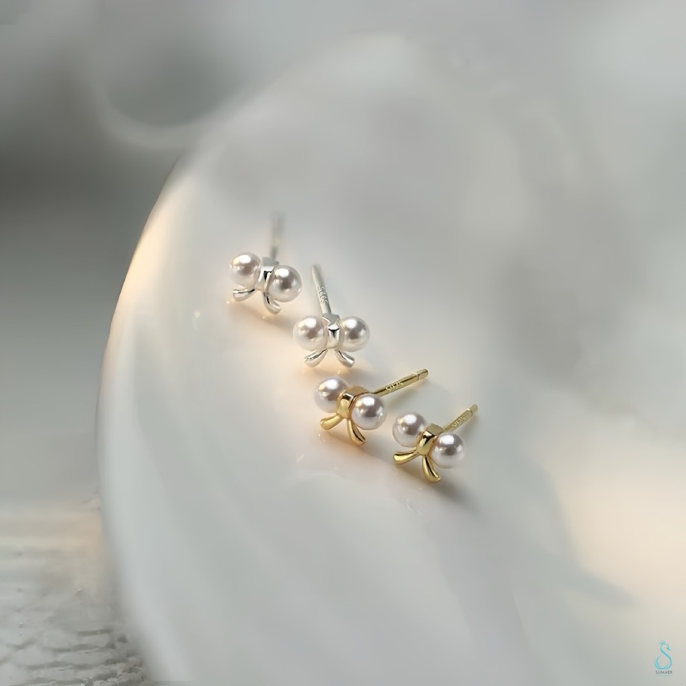 SUMMER韓 銀飾💫［925純銀］<悄悄心動>韓系蝴蝶結珍珠耳環 純銀耳環 純銀飾品-細節圖4