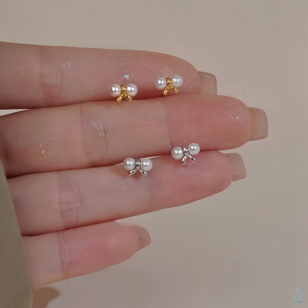 SUMMER韓 銀飾💫［925純銀］<悄悄心動>韓系蝴蝶結珍珠耳環 純銀耳環 純銀飾品-細節圖9