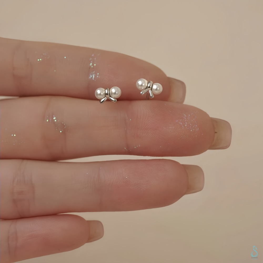 SUMMER韓 銀飾💫［925純銀］<悄悄心動>韓系蝴蝶結珍珠耳環 純銀耳環 純銀飾品-規格圖9