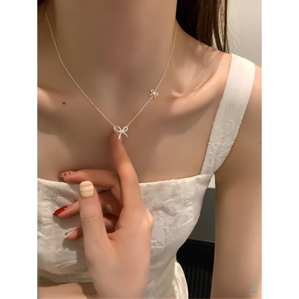 SUMMER韓 銀飾💫［925純銀］<柔光蝴蝶結>項鍊 雙蝴蝶結 正韓 鎖骨項鍊 純銀項鍊 純銀飾品-細節圖9