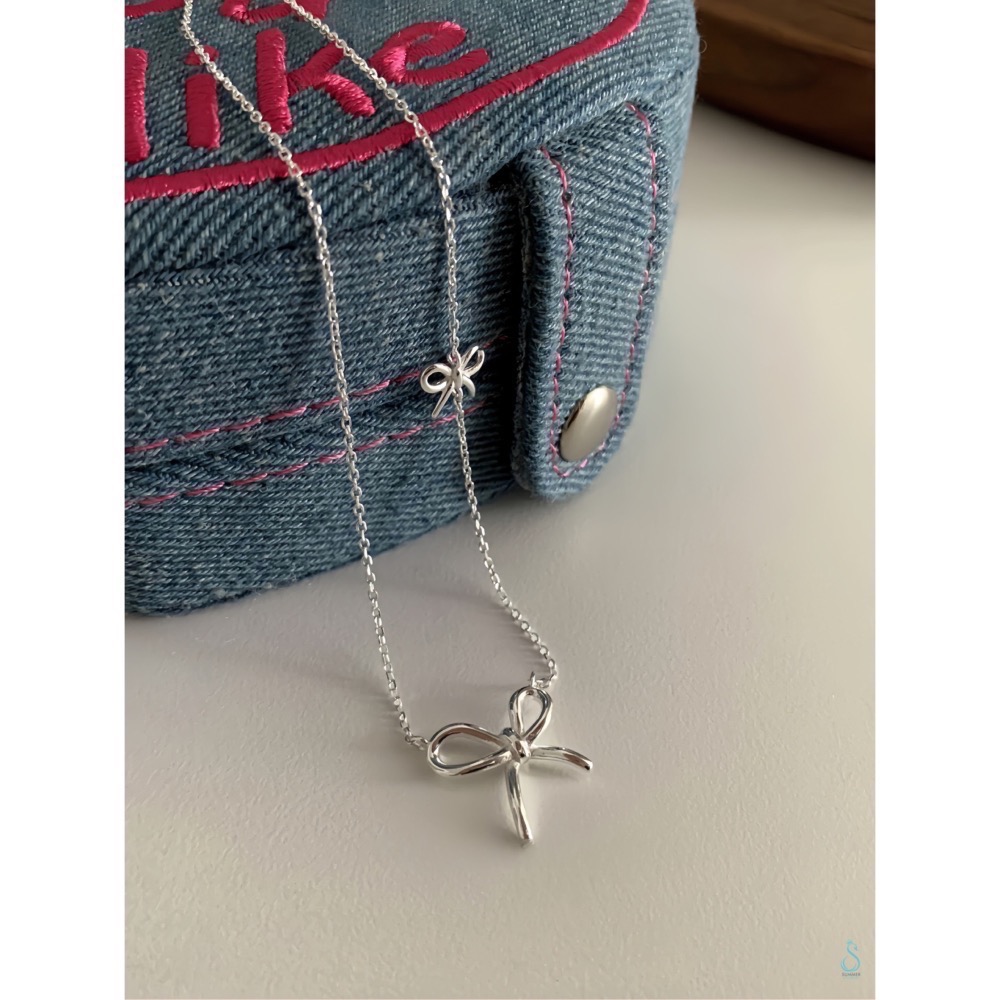SUMMER韓 銀飾💫［925純銀］<柔光蝴蝶結>項鍊 雙蝴蝶結 正韓 鎖骨項鍊 純銀項鍊 純銀飾品-細節圖4