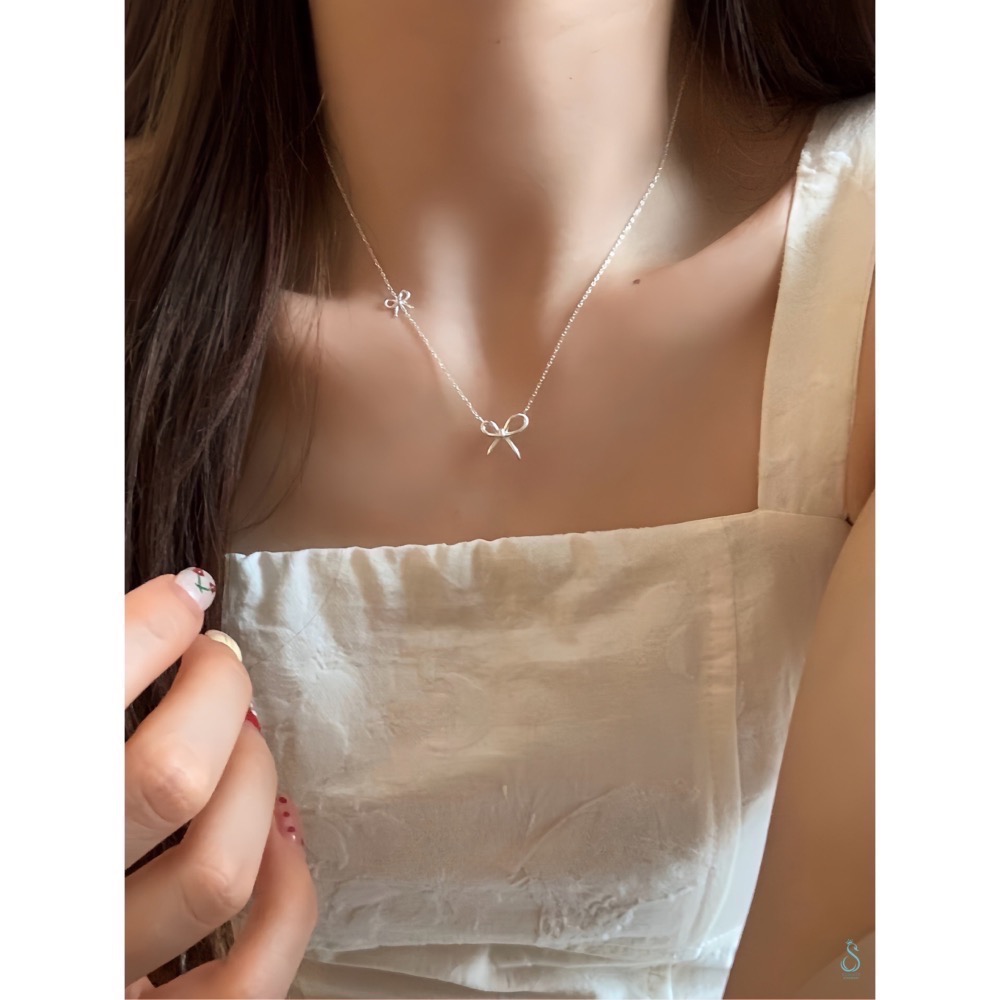 SUMMER韓 銀飾💫［925純銀］<柔光蝴蝶結>項鍊 雙蝴蝶結 正韓 鎖骨項鍊 純銀項鍊 純銀飾品-細節圖6
