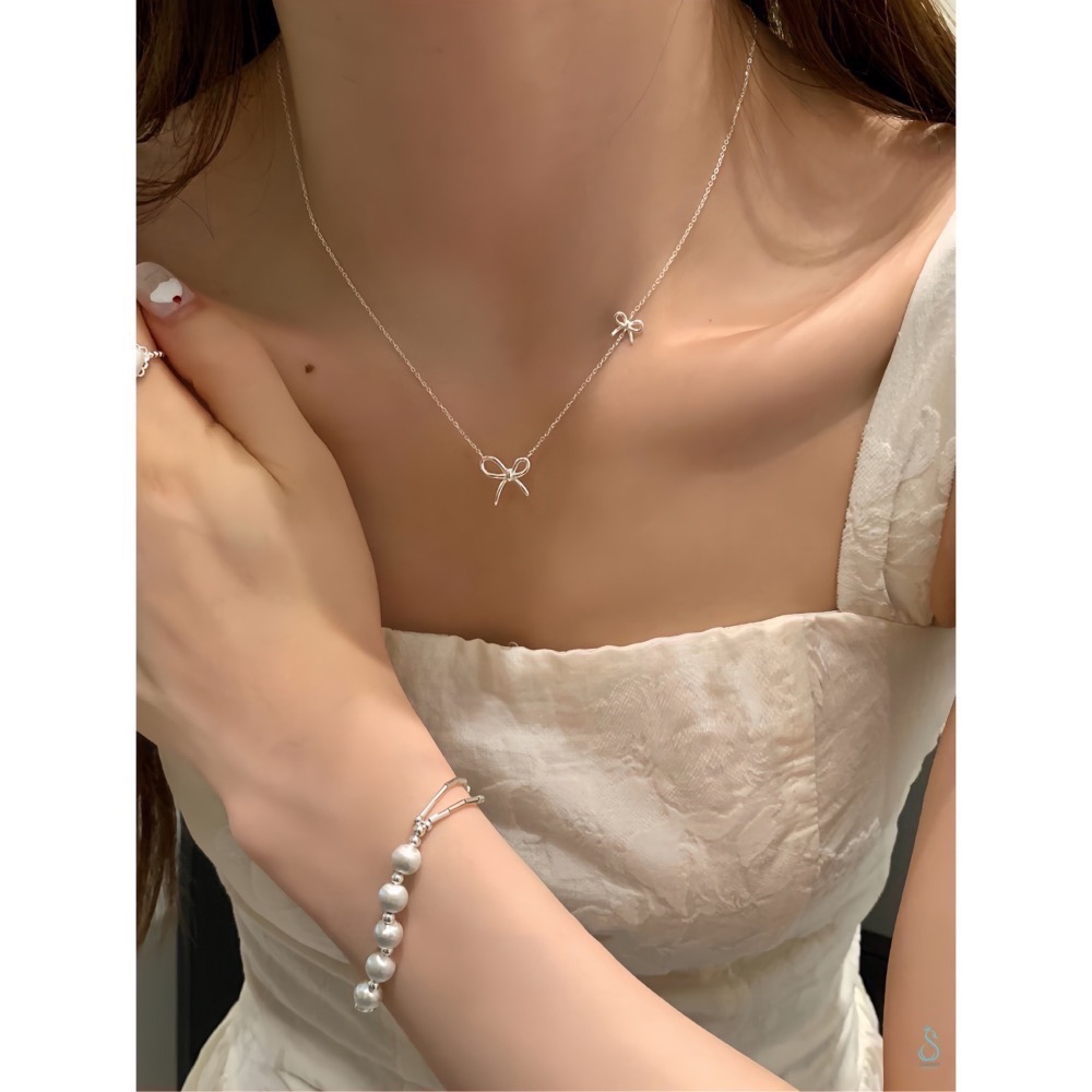 SUMMER韓 銀飾💫［925純銀］<柔光蝴蝶結>項鍊 雙蝴蝶結 正韓 鎖骨項鍊 純銀項鍊 純銀飾品-細節圖7