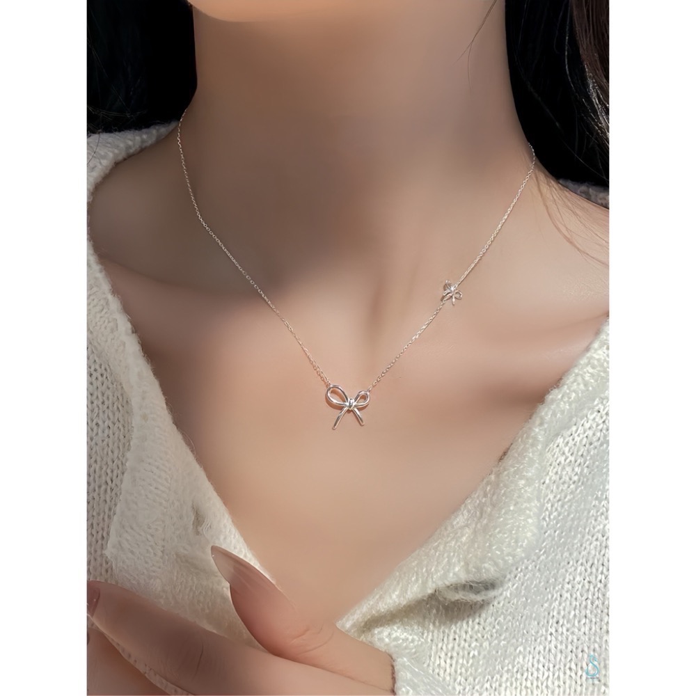SUMMER韓 銀飾💫［925純銀］<柔光蝴蝶結>項鍊 雙蝴蝶結 正韓 鎖骨項鍊 純銀項鍊 純銀飾品-細節圖2