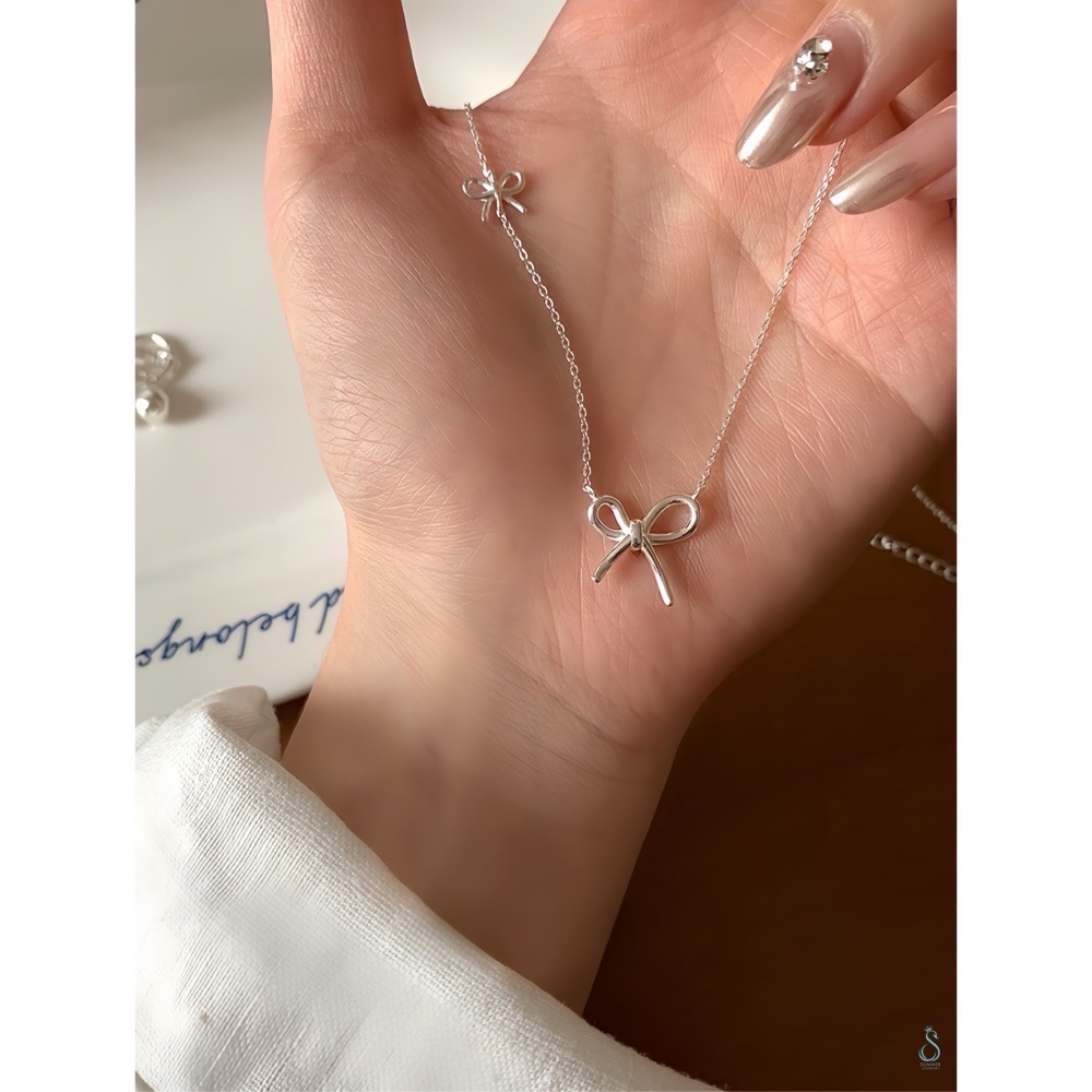 SUMMER韓 銀飾💫［925純銀］<柔光蝴蝶結>項鍊 雙蝴蝶結 正韓 鎖骨項鍊 純銀項鍊 純銀飾品-細節圖3