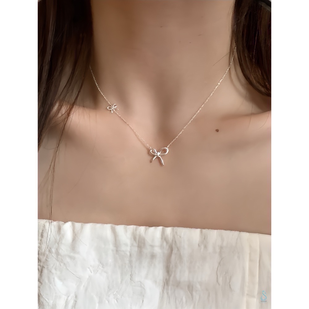 SUMMER韓 銀飾💫［925純銀］<柔光蝴蝶結>項鍊 雙蝴蝶結 正韓 鎖骨項鍊 純銀項鍊 純銀飾品-細節圖5