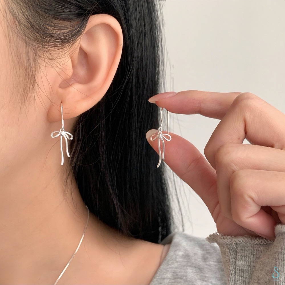 SUMMER 銀飾💫［925純銀］<流線蝴蝶結>耳勾耳環 純銀耳環 純銀飾品-細節圖6