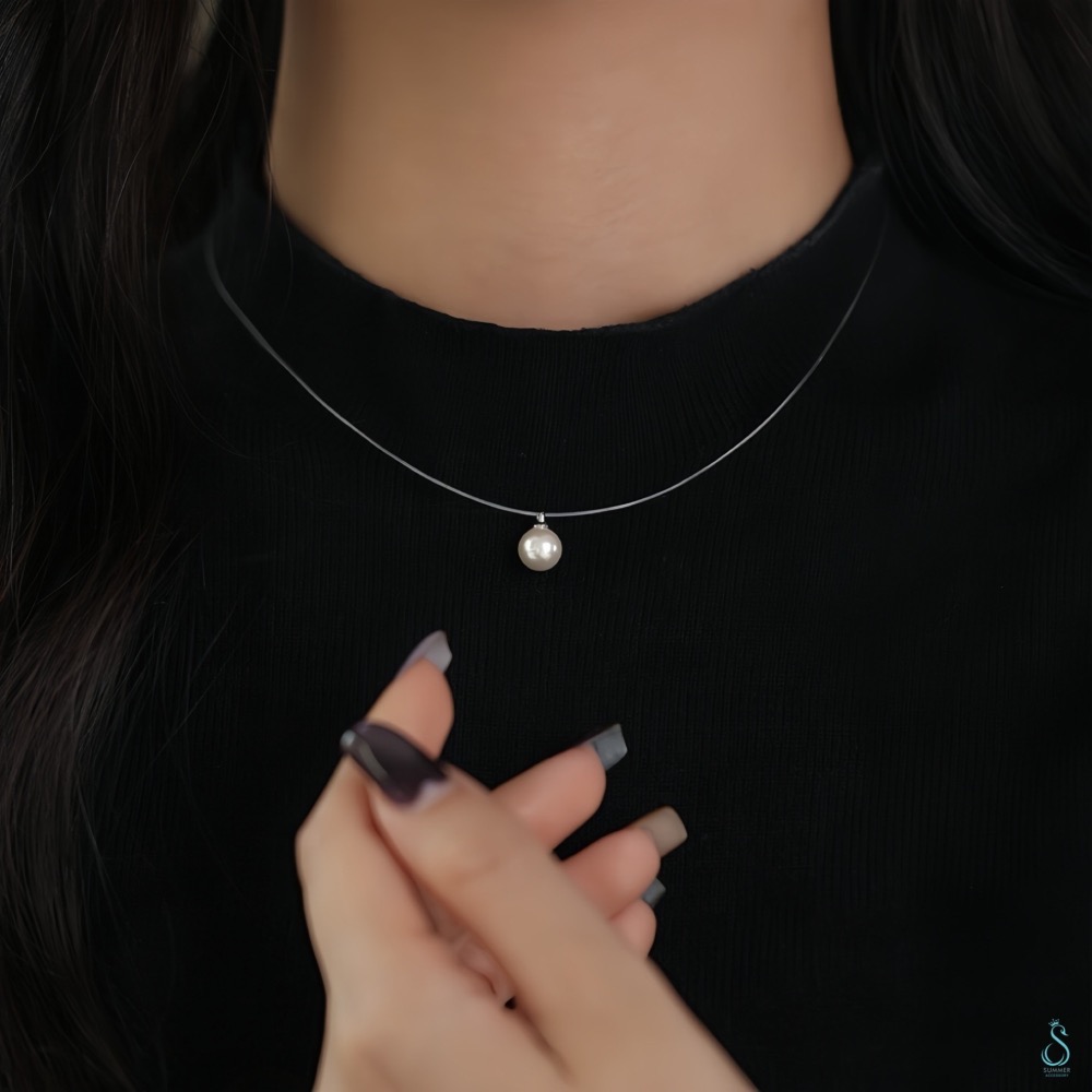 SUMMER 銀飾💫［999足銀］<柔光之影>珍珠魚線項鏈 施華洛世奇珍珠 純銀項鍊 純銀飾品-細節圖5