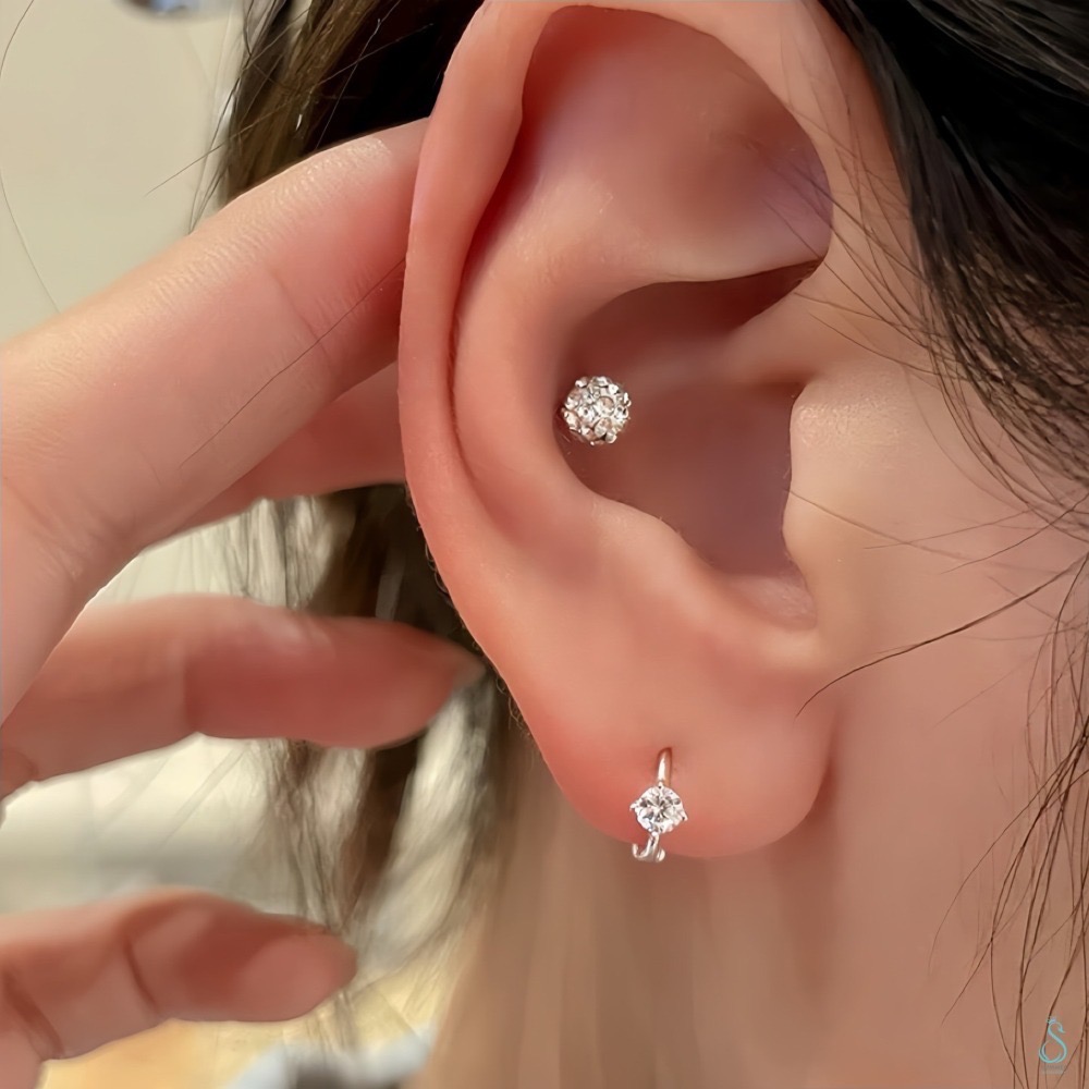 SUMMER 銀飾💫［999足銀］迷你貼耳 四爪閃鑽純銀耳環 耳扣耳環 純銀飾品-細節圖2