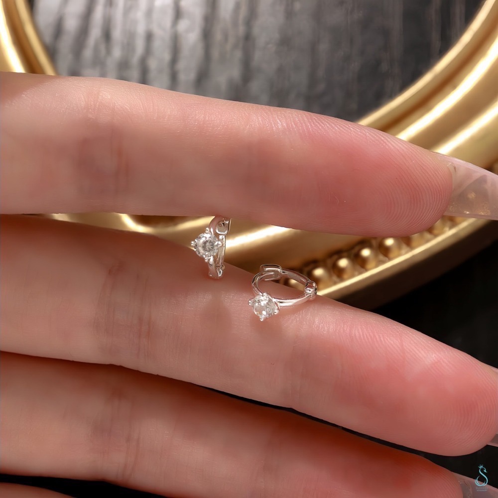 SUMMER 銀飾💫［999足銀］迷你貼耳 四爪閃鑽純銀耳環 耳扣耳環 純銀飾品-細節圖4