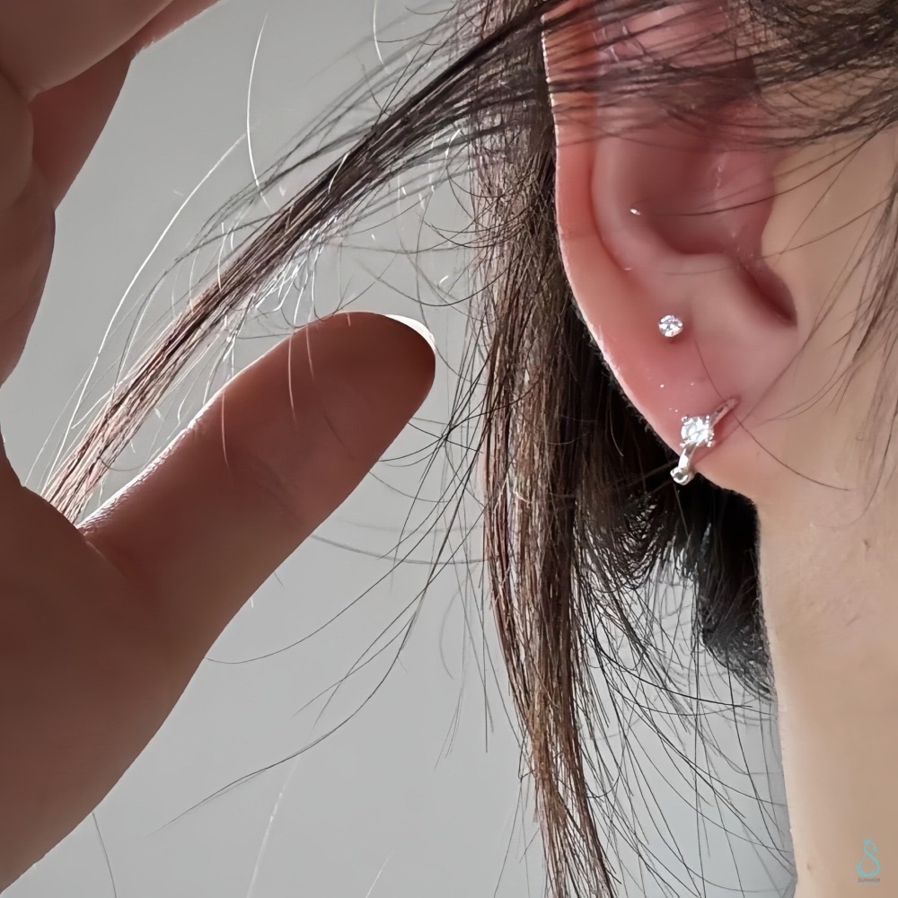 SUMMER 銀飾💫［999足銀］迷你貼耳 四爪閃鑽純銀耳環 耳扣耳環 純銀飾品-細節圖8