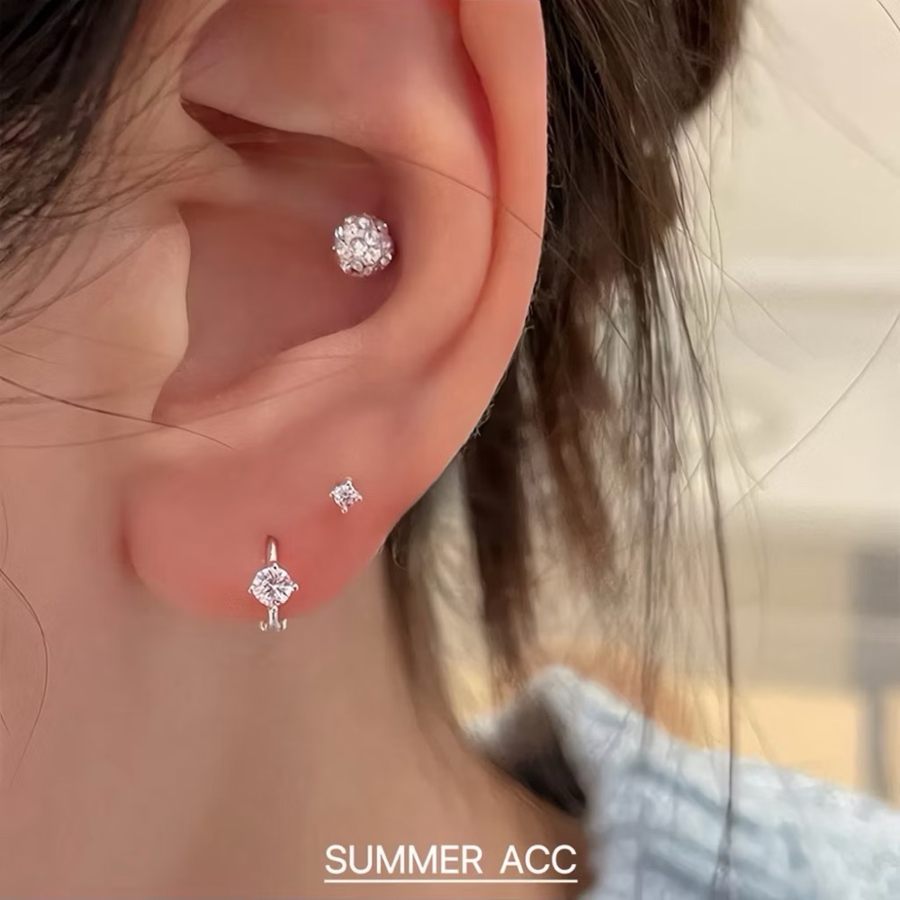 SUMMER韓 銀飾💫［S925純銀］迷你貼耳 四爪閃鑽純銀耳環 正韓 易扣式 耳扣耳環 圈圈耳環 純銀飾品-細節圖3