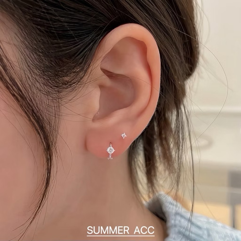 SUMMER韓 銀飾💫［S925純銀］迷你貼耳 四爪閃鑽純銀耳環 正韓 易扣式 耳扣耳環 圈圈耳環 純銀飾品-細節圖7