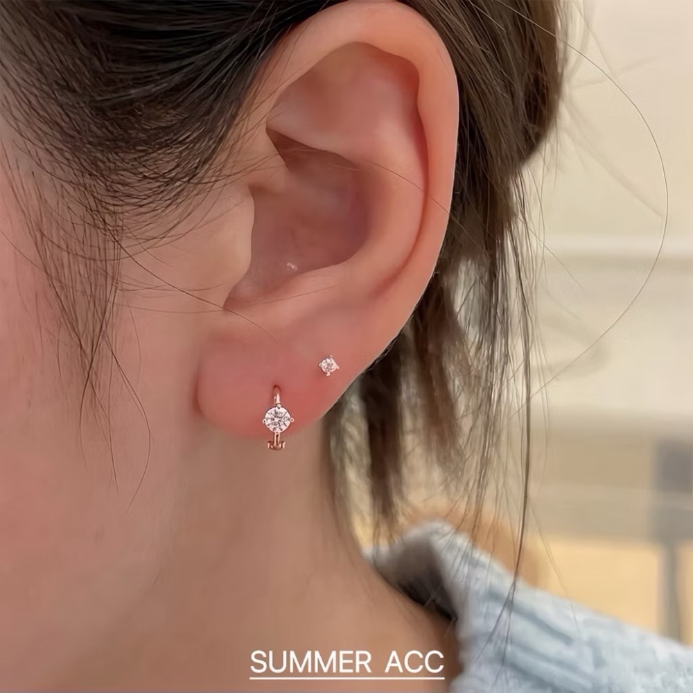 SUMMER韓 銀飾💫［S925純銀］迷你貼耳 四爪閃鑽純銀耳環 正韓 易扣式 耳扣耳環 圈圈耳環 純銀飾品-細節圖8