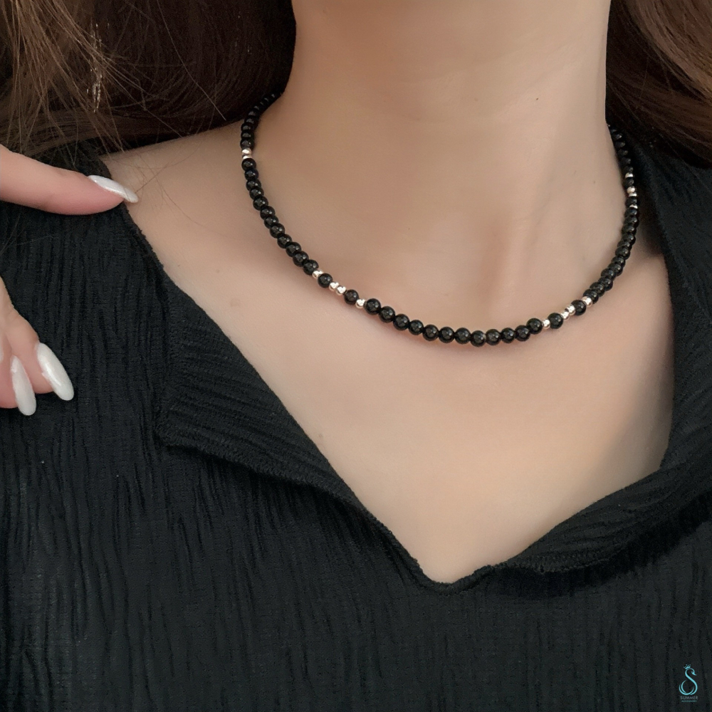 SUMMER 銀飾💫［925純銀］<黑曜綴銀>黑瑪瑙銀珠項鏈 純銀項鍊 純銀飾品-細節圖2