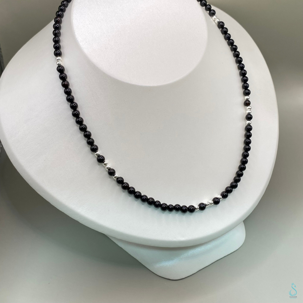 SUMMER 銀飾💫［925純銀］<黑曜綴銀>黑瑪瑙銀珠項鏈 純銀項鍊 純銀飾品-細節圖3
