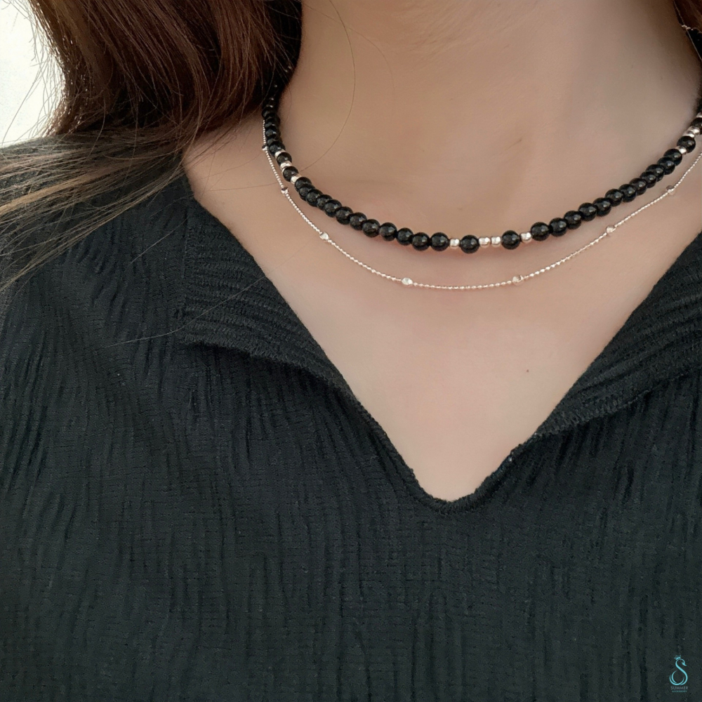 SUMMER 銀飾💫［925純銀］<黑曜綴銀>黑瑪瑙銀珠項鏈 純銀項鍊 純銀飾品-細節圖4