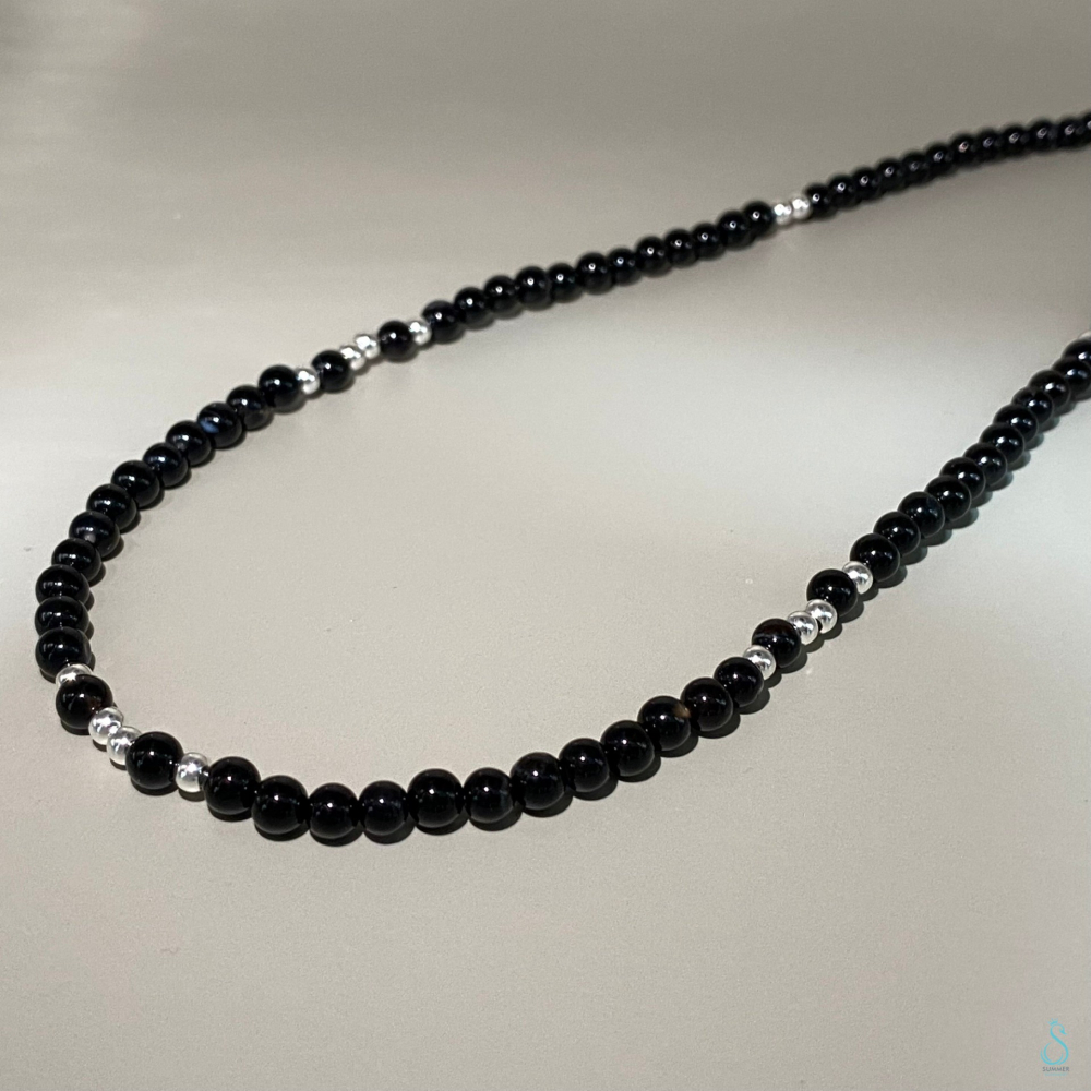 SUMMER 銀飾💫［925純銀］<黑曜綴銀>黑瑪瑙銀珠項鏈 純銀項鍊 純銀飾品-細節圖5