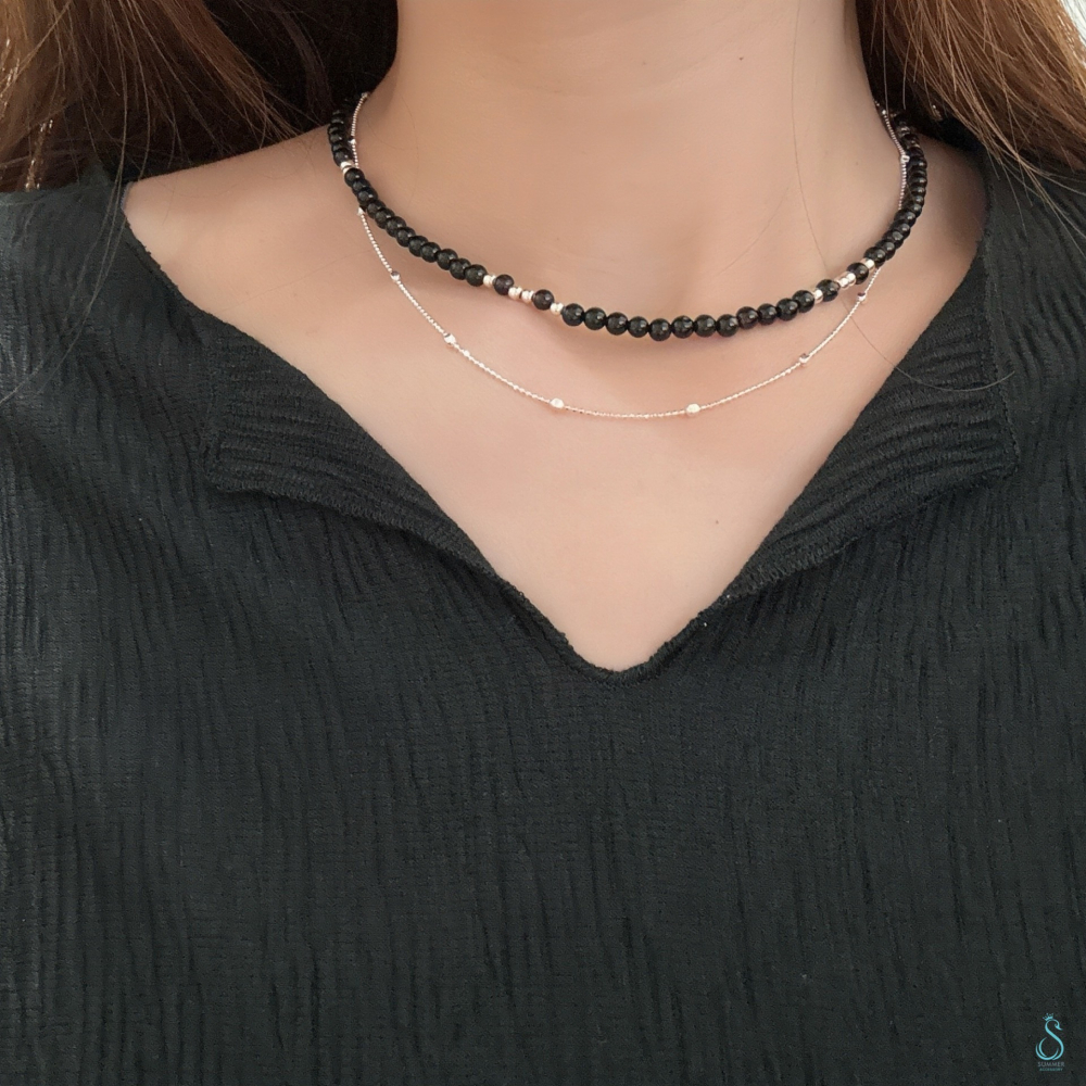 SUMMER 銀飾💫［925純銀］<黑曜綴銀>黑瑪瑙銀珠項鏈 純銀項鍊 純銀飾品-細節圖7