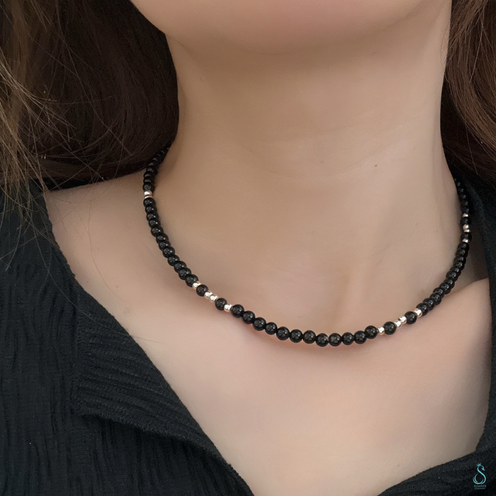 SUMMER 銀飾💫［925純銀］<黑曜綴銀>黑瑪瑙銀珠項鏈 純銀項鍊 純銀飾品-細節圖8