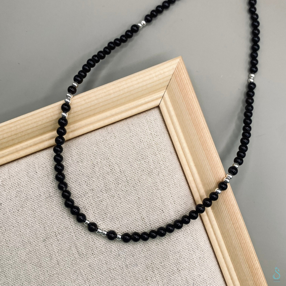 SUMMER 銀飾💫［925純銀］<黑曜綴銀>黑瑪瑙銀珠項鏈 純銀項鍊 純銀飾品-細節圖9