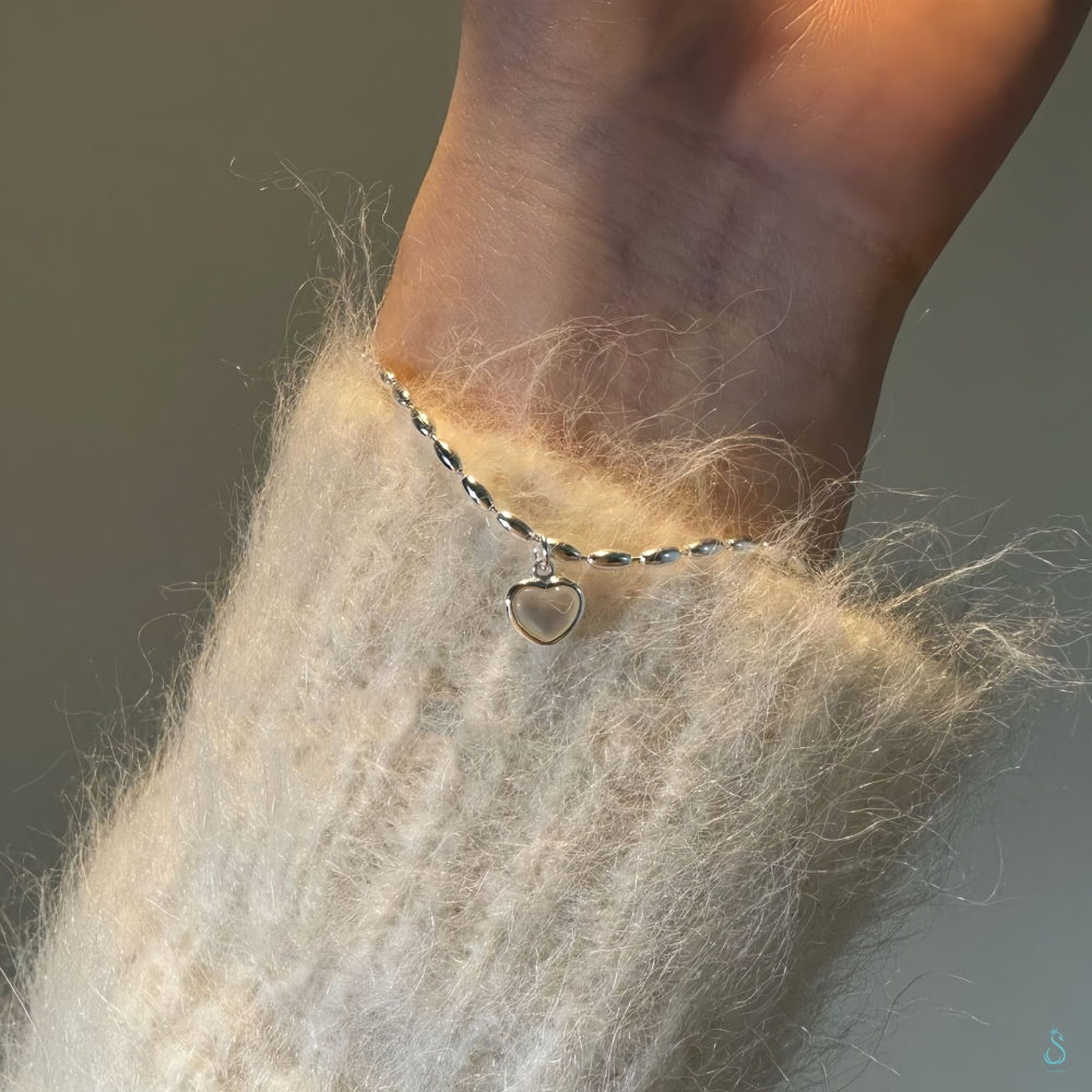 SUMMER韓 銀飾💫［925純銀］<暖暖心願>天然白貝母 愛心吊飾手鏈 純銀手鍊 純銀飾品-細節圖4