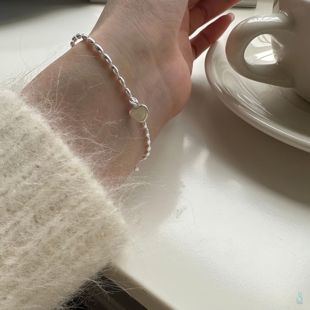 SUMMER韓 銀飾💫［925純銀］<暖暖心願>天然白貝母 愛心吊飾手鏈 純銀手鍊 純銀飾品-細節圖5