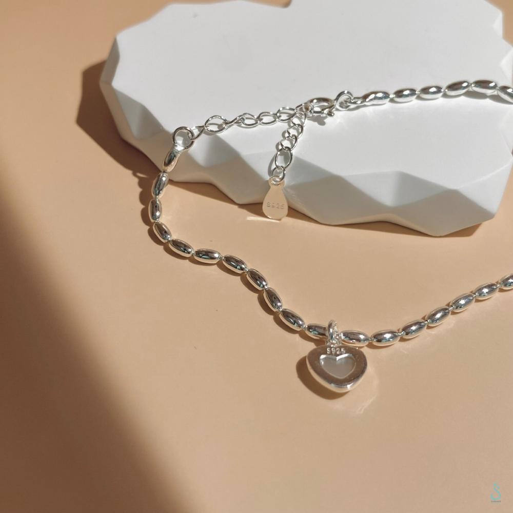 SUMMER韓 銀飾💫［925純銀］<暖暖心願>天然白貝母 愛心吊飾手鏈 純銀手鍊 純銀飾品-細節圖7