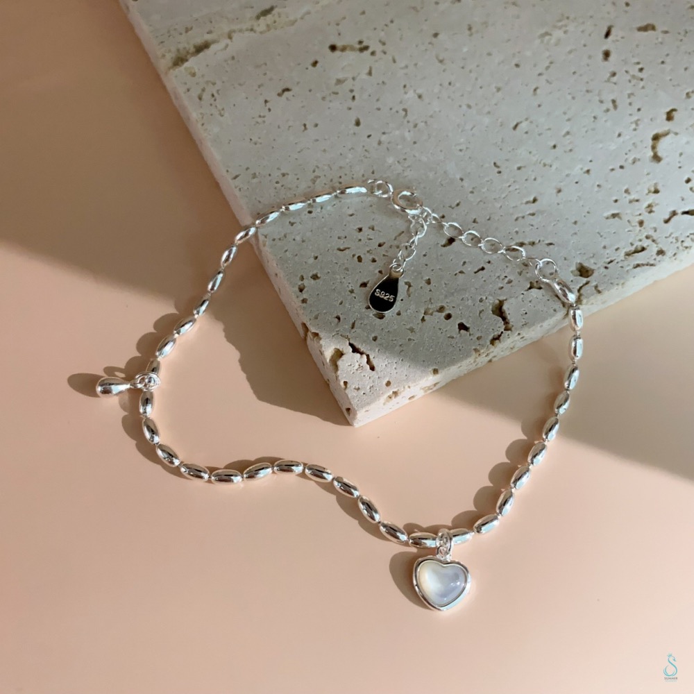 SUMMER韓 銀飾💫［925純銀］<暖暖心願>天然白貝母 愛心吊飾手鏈 純銀手鍊 純銀飾品-細節圖2
