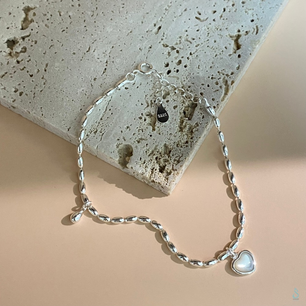 SUMMER韓 銀飾💫［925純銀］<暖暖心願>天然白貝母 愛心吊飾手鏈 純銀手鍊 純銀飾品-細節圖3