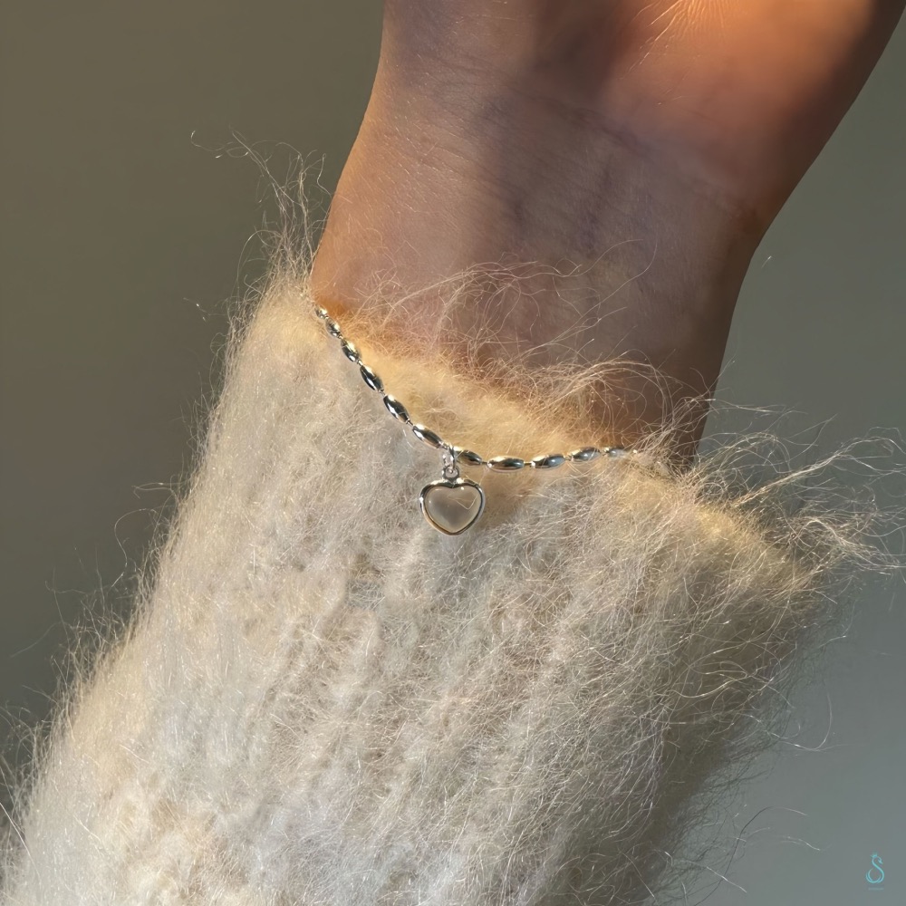 SUMMER韓 銀飾💫［925純銀］<暖暖心願>天然白貝母 愛心吊飾手鏈 純銀手鍊 純銀飾品-細節圖4