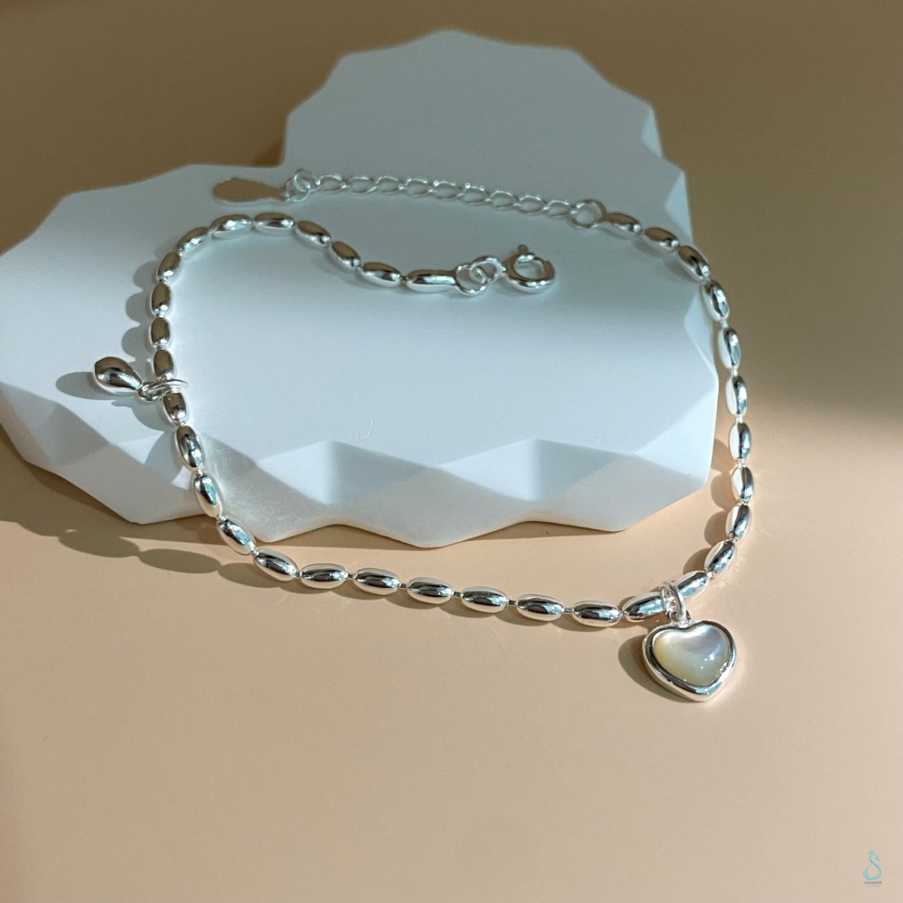 SUMMER韓 銀飾💫［925純銀］<暖暖心願>天然白貝母 愛心吊飾手鏈 純銀手鍊 純銀飾品-細節圖6