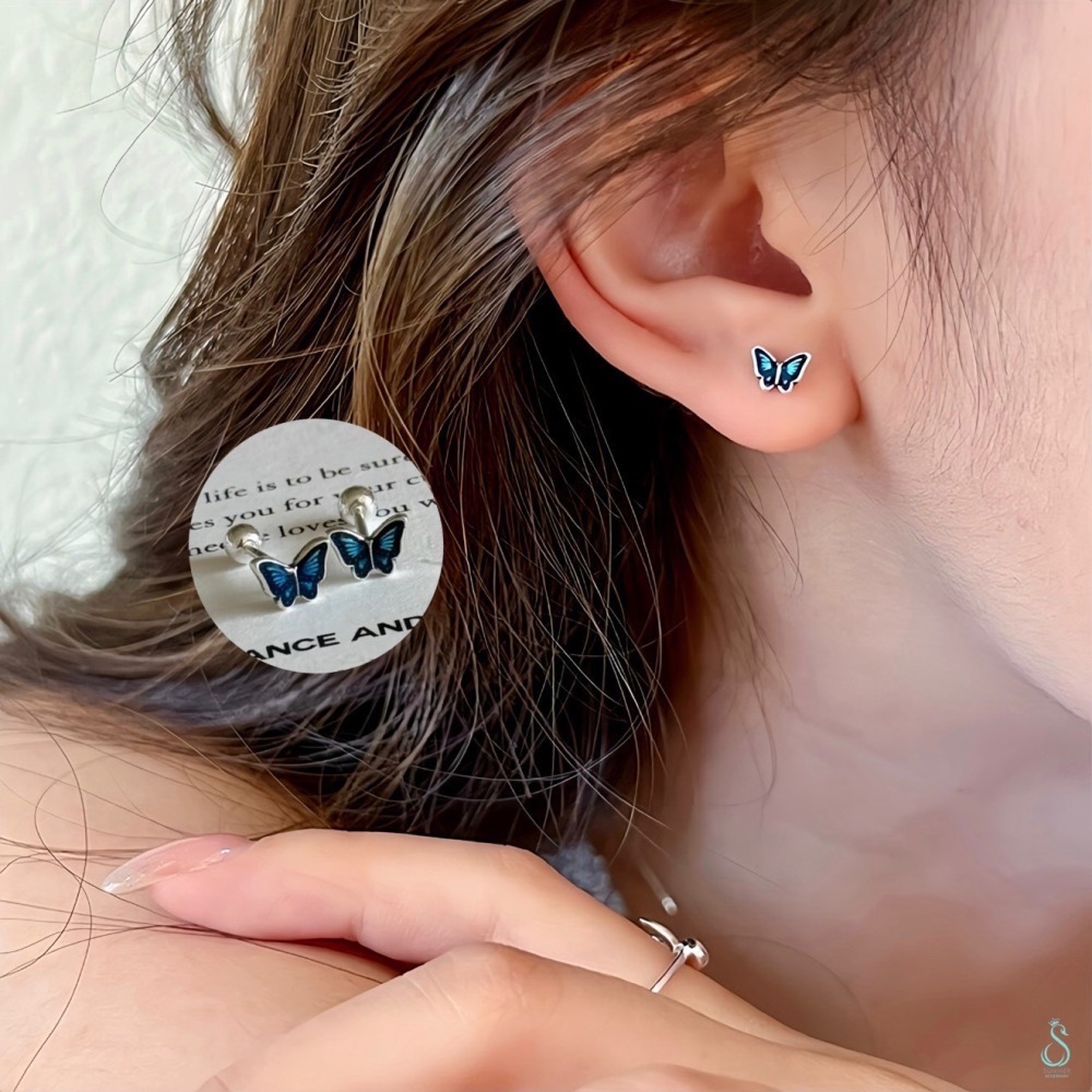 SUMMER韓 銀飾💫［999足銀］一對藍蝶就足夠吸睛<戀上藍蝶> 養耳 轉珠耳環 鎖珠式耳環 正韓 純銀耳環-細節圖2