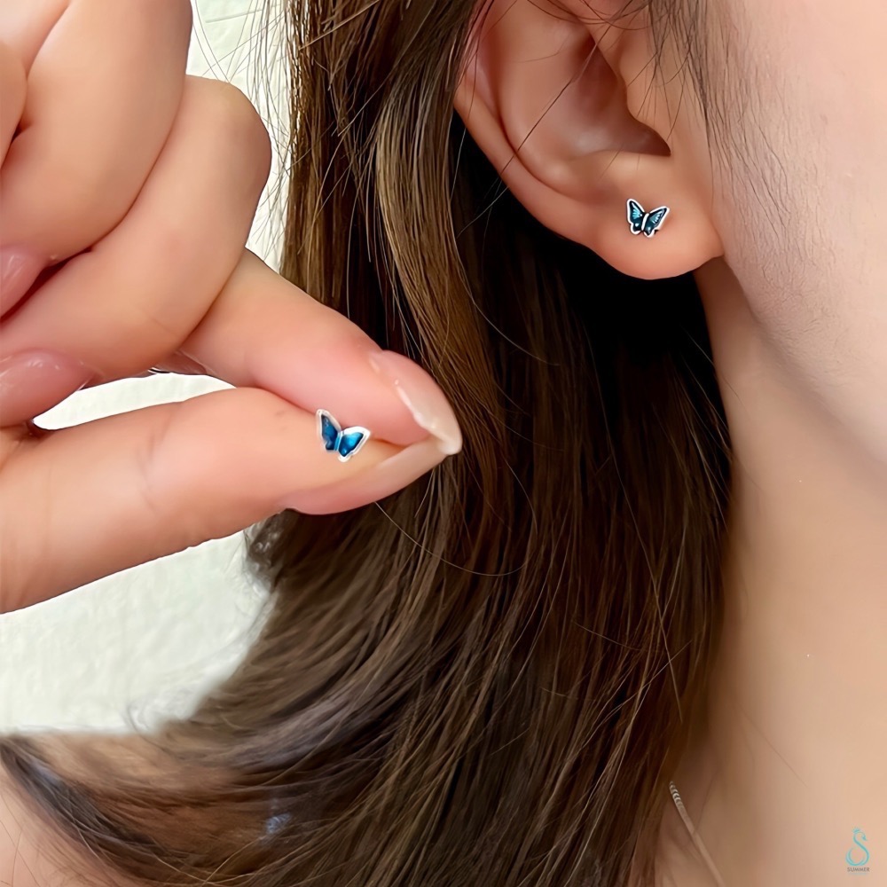 SUMMER韓 銀飾💫［999足銀］一對藍蝶就足夠吸睛<戀上藍蝶> 養耳 轉珠耳環 鎖珠式耳環 正韓 純銀耳環-細節圖3