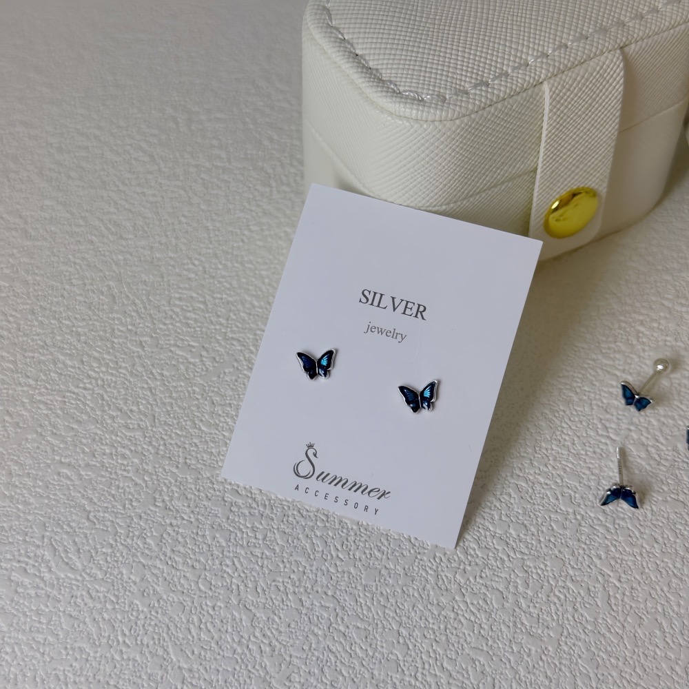 SUMMER韓 銀飾💫［999足銀］一對藍蝶就足夠吸睛<戀上藍蝶> 養耳 轉珠耳環 鎖珠式耳環 正韓 純銀耳環-細節圖4
