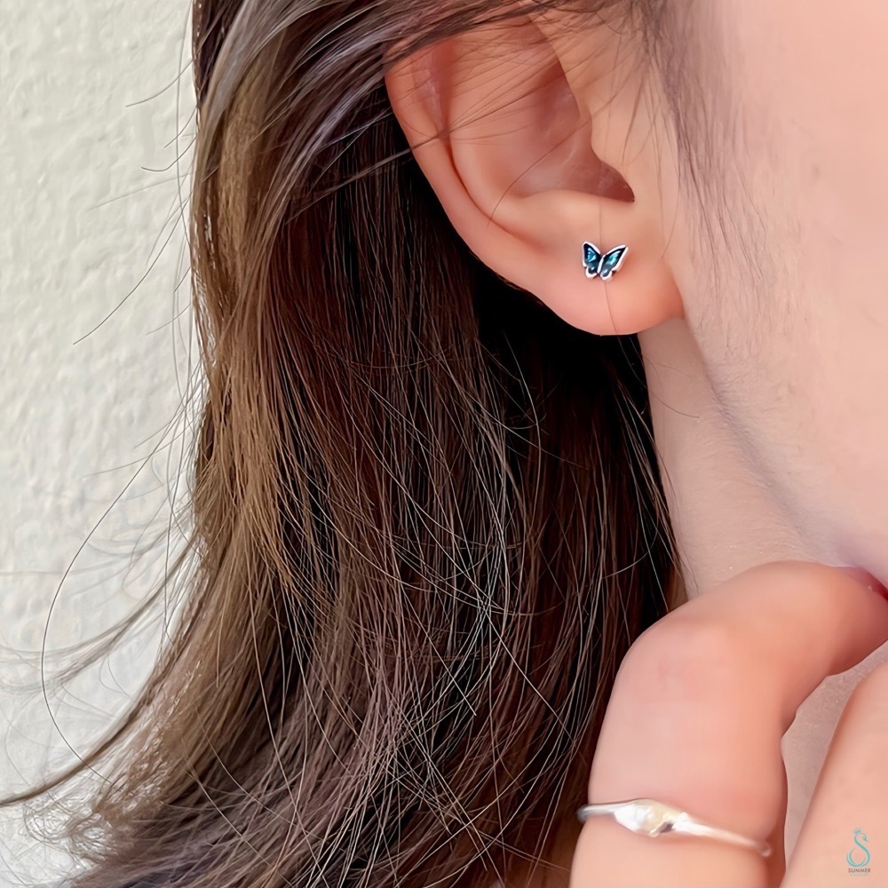 SUMMER韓 銀飾💫［999足銀］一對藍蝶就足夠吸睛<戀上藍蝶> 養耳 轉珠耳環 鎖珠式耳環 正韓 純銀耳環-細節圖5