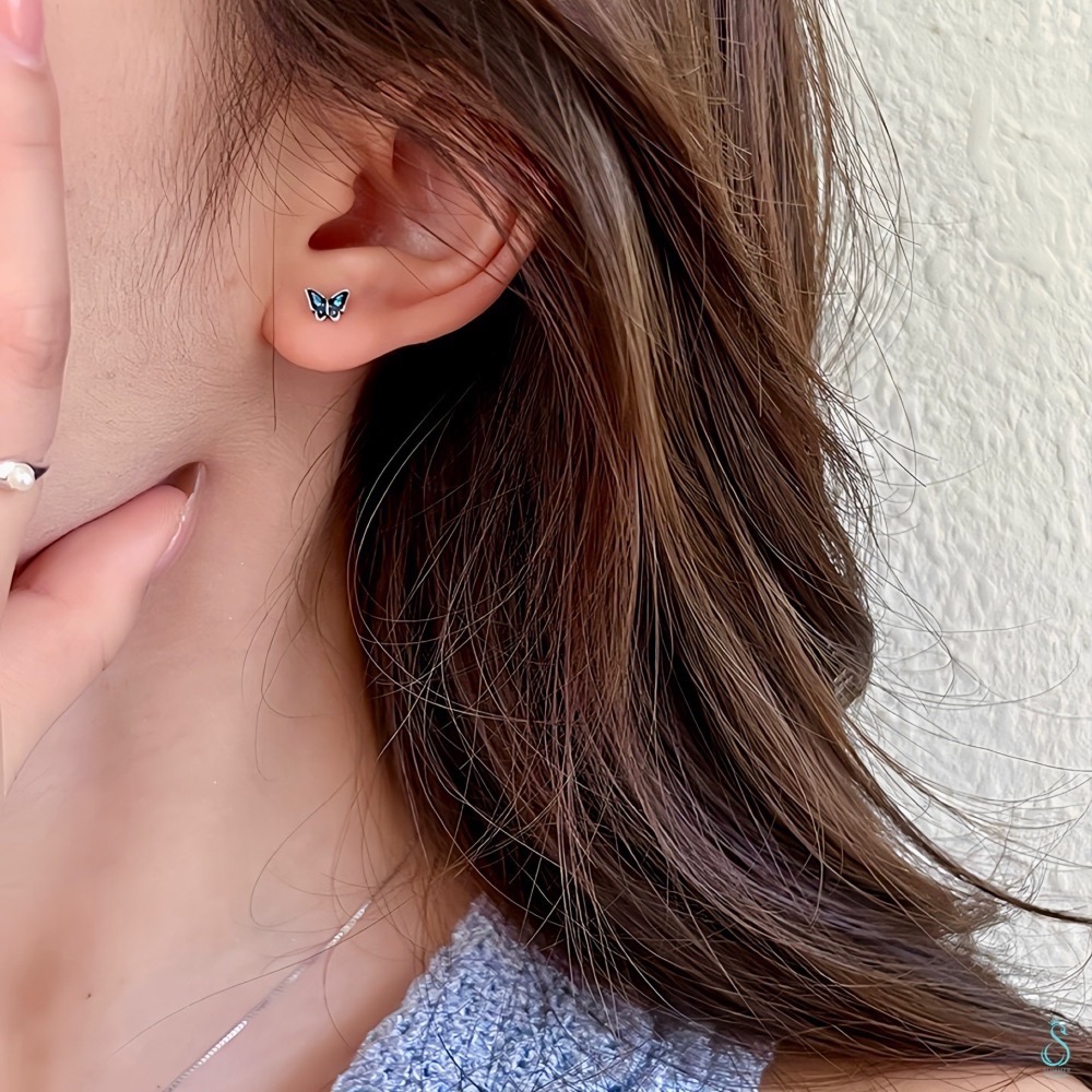 SUMMER韓 銀飾💫［999足銀］一對藍蝶就足夠吸睛<戀上藍蝶> 養耳 轉珠耳環 鎖珠式耳環 正韓 純銀耳環-細節圖6