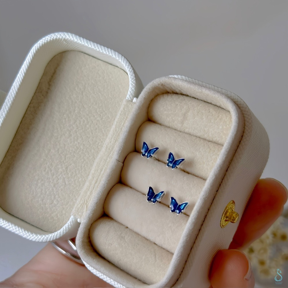 SUMMER韓 銀飾💫［999足銀］一對藍蝶就足夠吸睛<戀上藍蝶> 養耳 轉珠耳環 鎖珠式耳環 正韓 純銀耳環-細節圖7