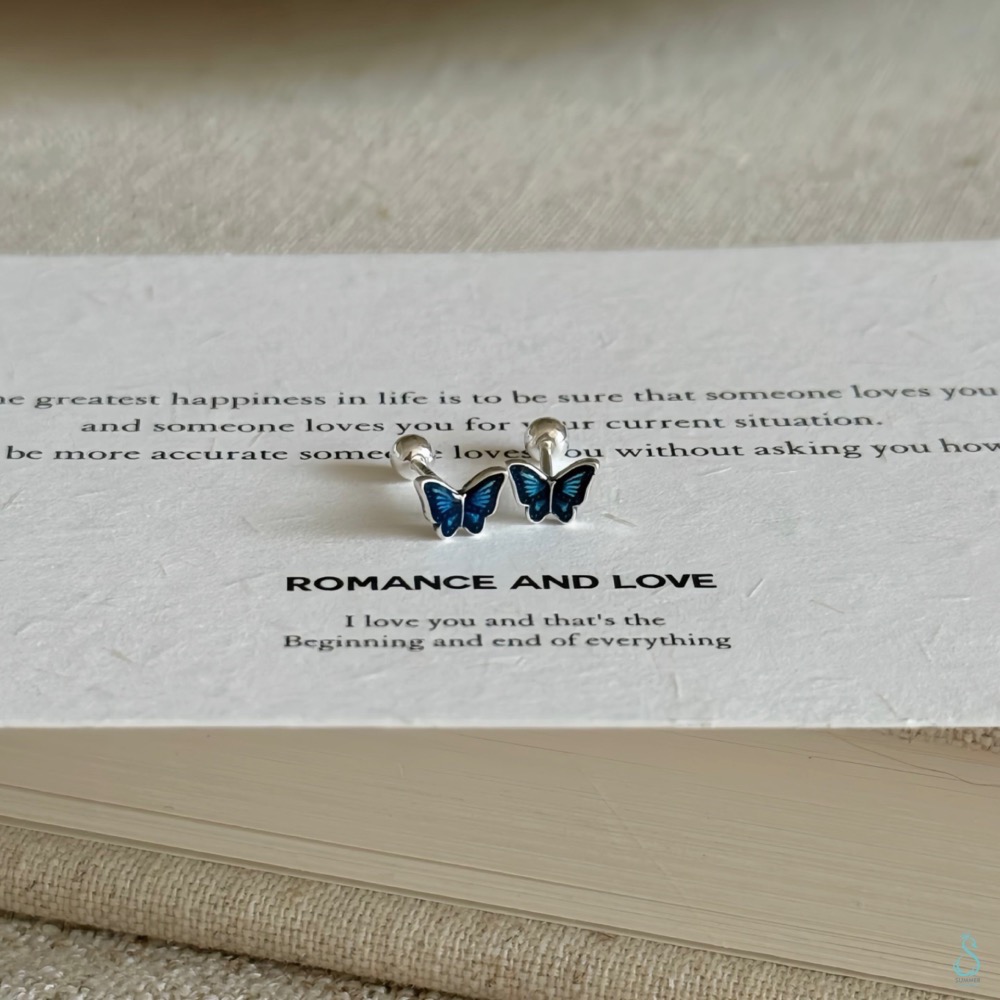 SUMMER韓 銀飾💫［999足銀］一對藍蝶就足夠吸睛<戀上藍蝶> 養耳 轉珠耳環 鎖珠式耳環 正韓 純銀耳環-細節圖8