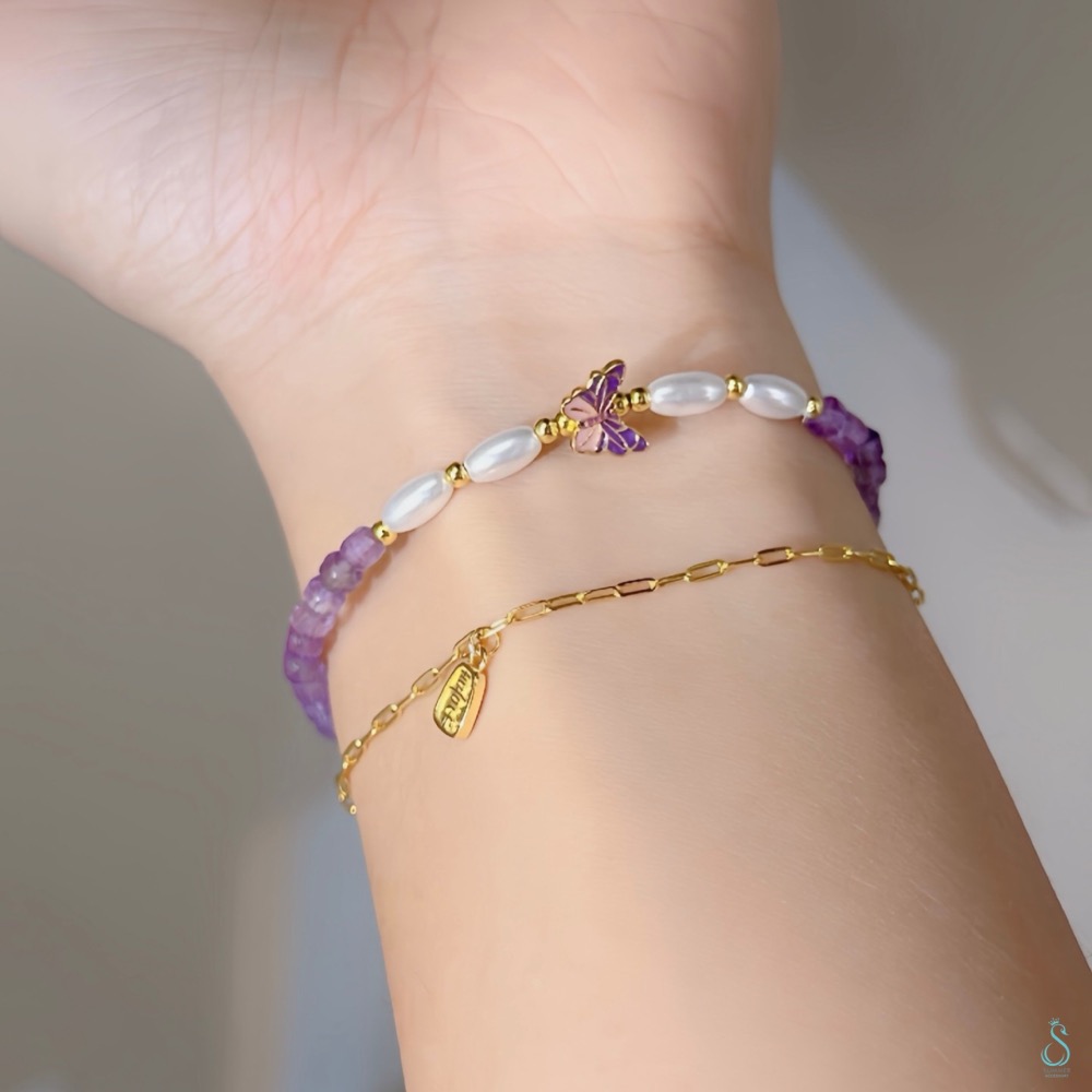SUMMER 銀飾💫［925純銀］🦋 仙氣爆棚 天然紫水晶<柔光蝶語>全純銀鍍18K金 夢幻蝴蝶 純銀手鏈-細節圖2